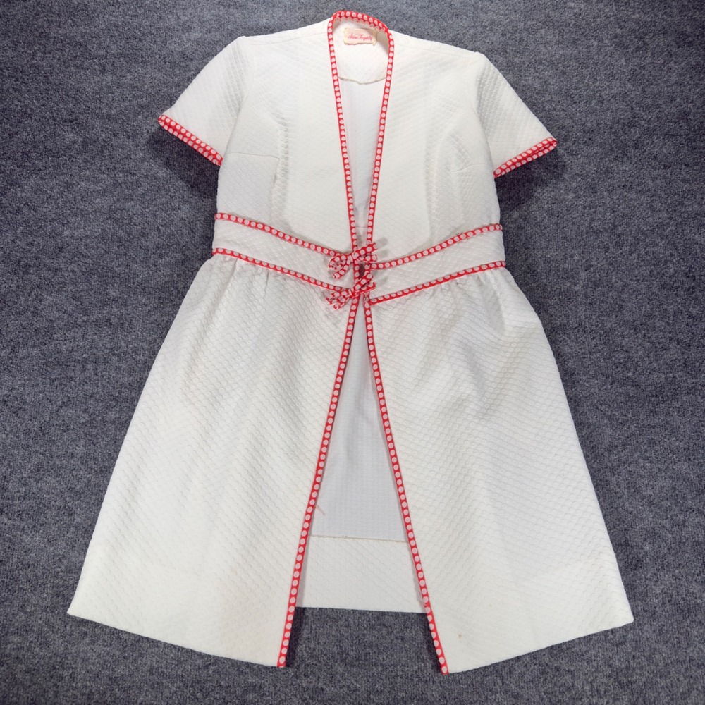 Vintage Anne Fogarty Dress White Honeycomb Pique Red Polka Dot Trim 60s Rare